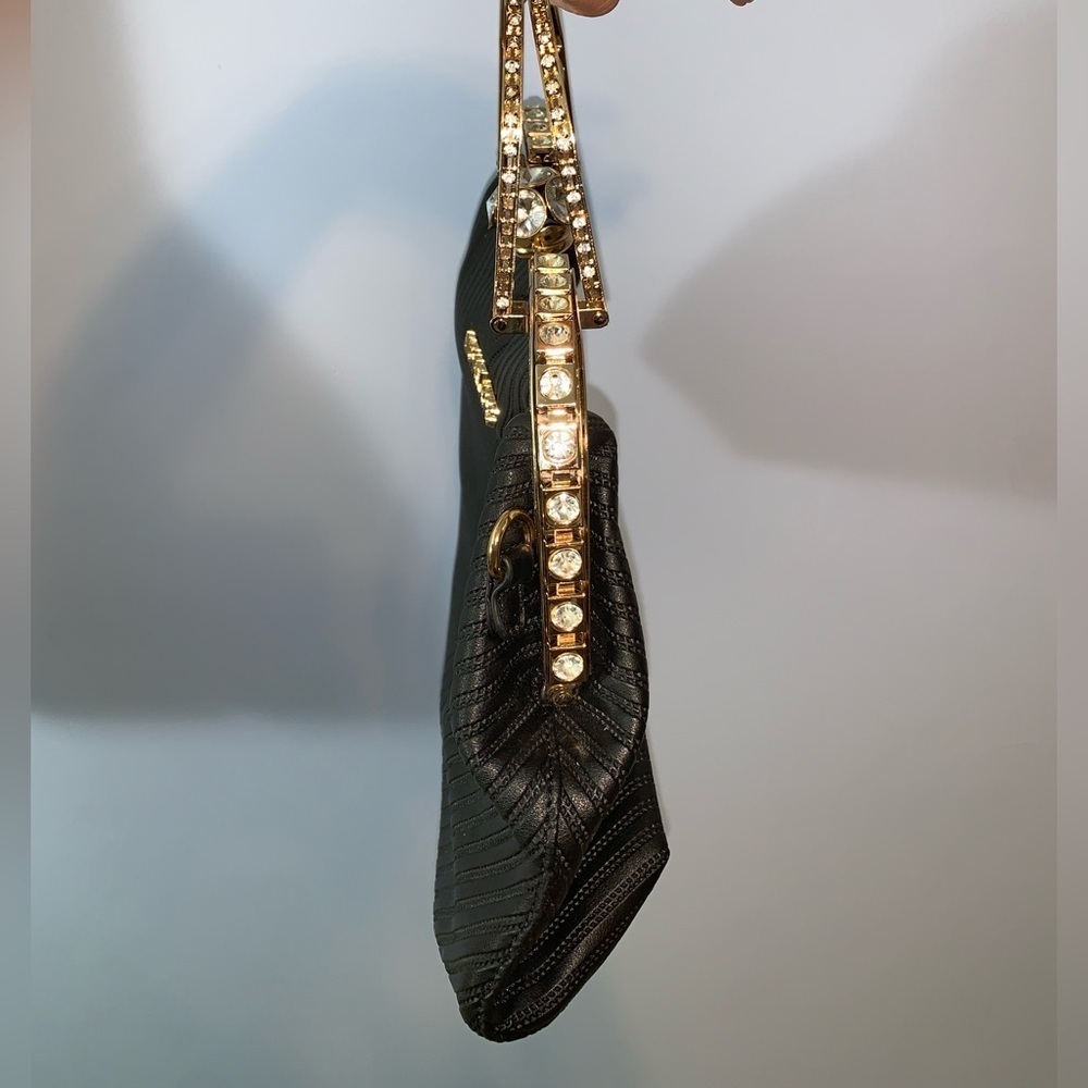 “Michael Kors” Black and Gold  rhinestone jumbo kiss clasp Women's handBag purse - Picture 2 of 10